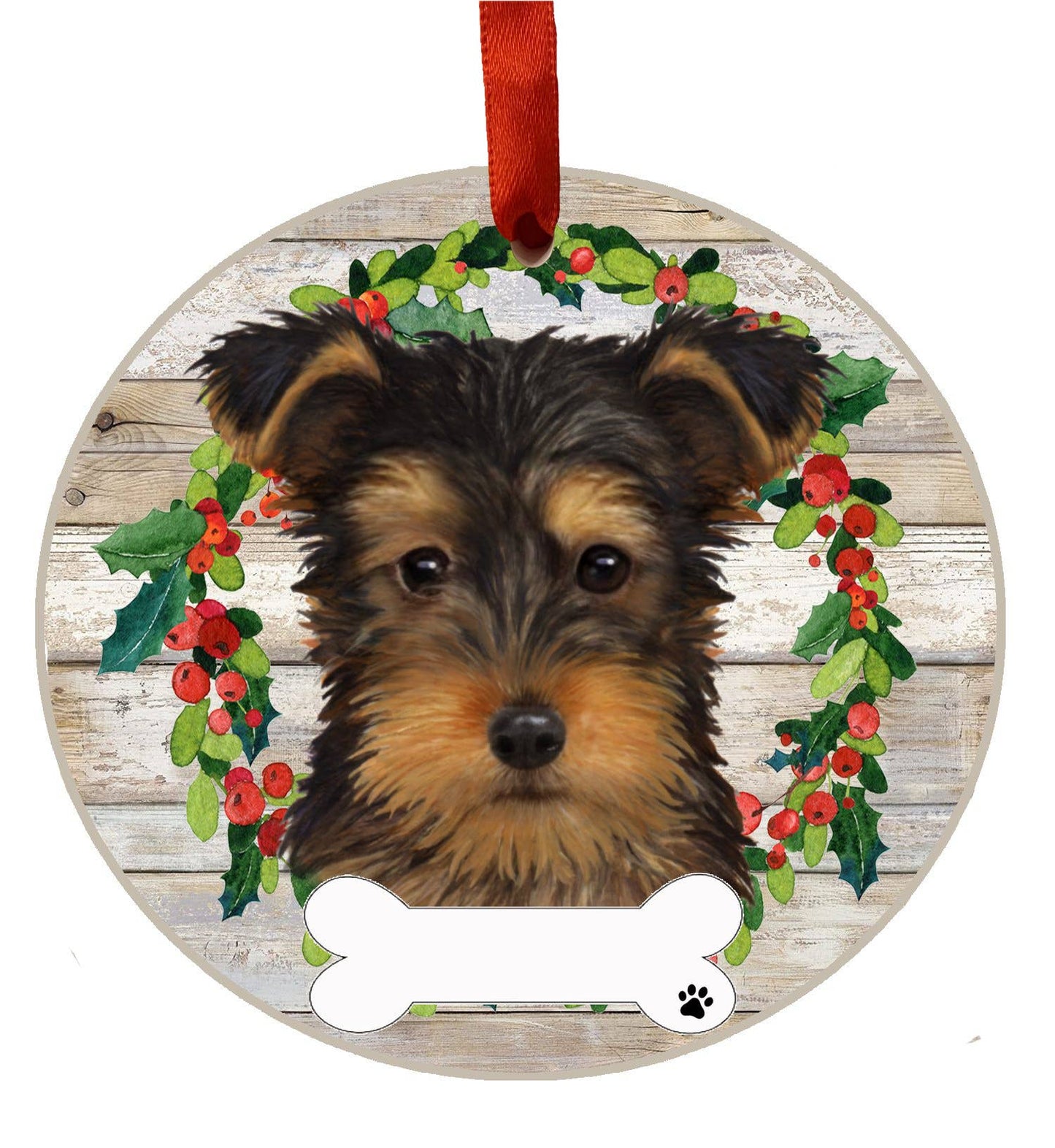 Yorkie Puppy Cut Ceramic Wreath Ornament
