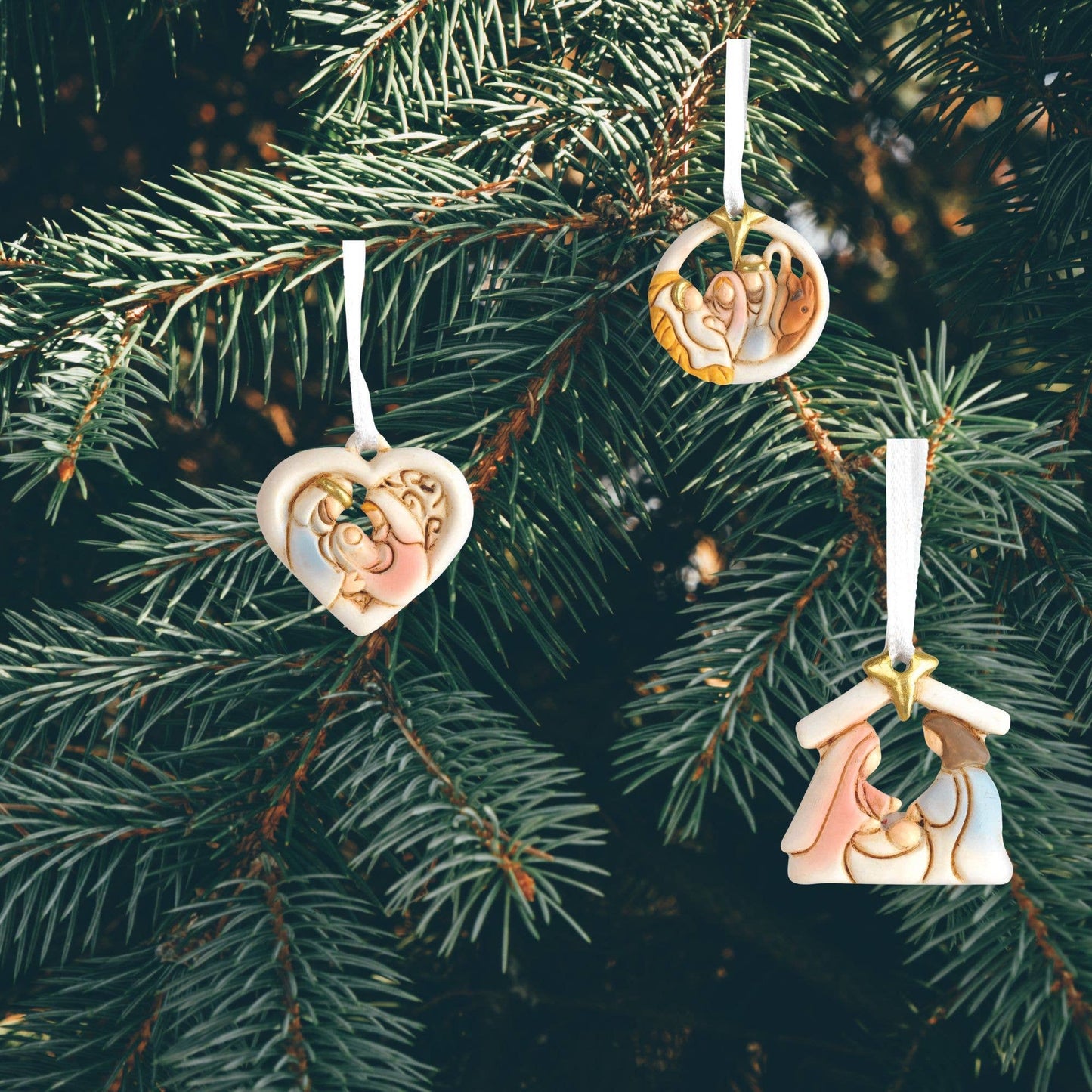 Glitter Holy Family In Creche Ornament