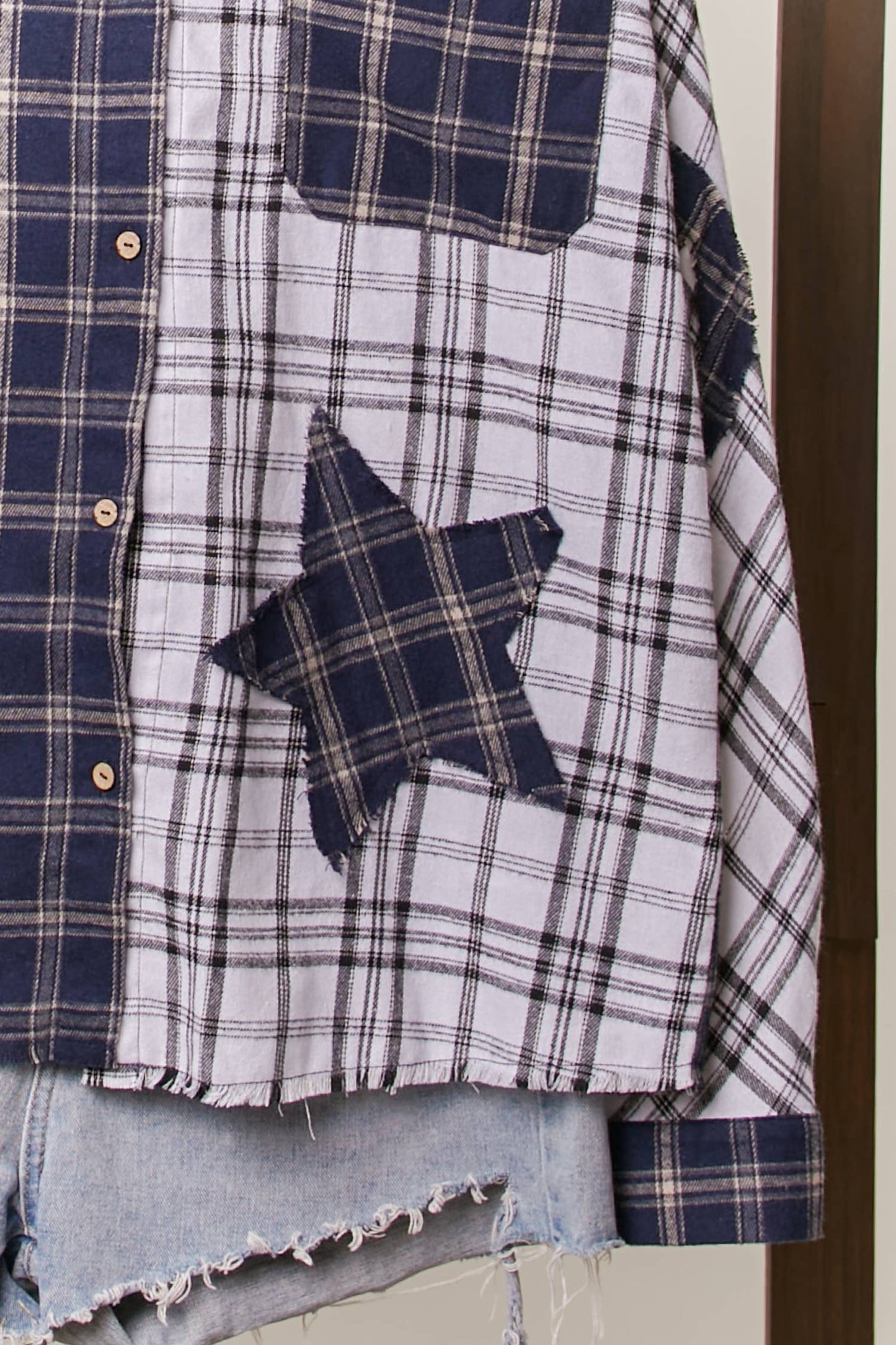 Color Block Plaid Shirt with Patch Detail