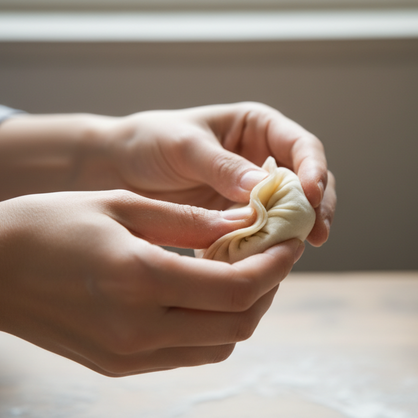 hands forming a Chinese dumpling
