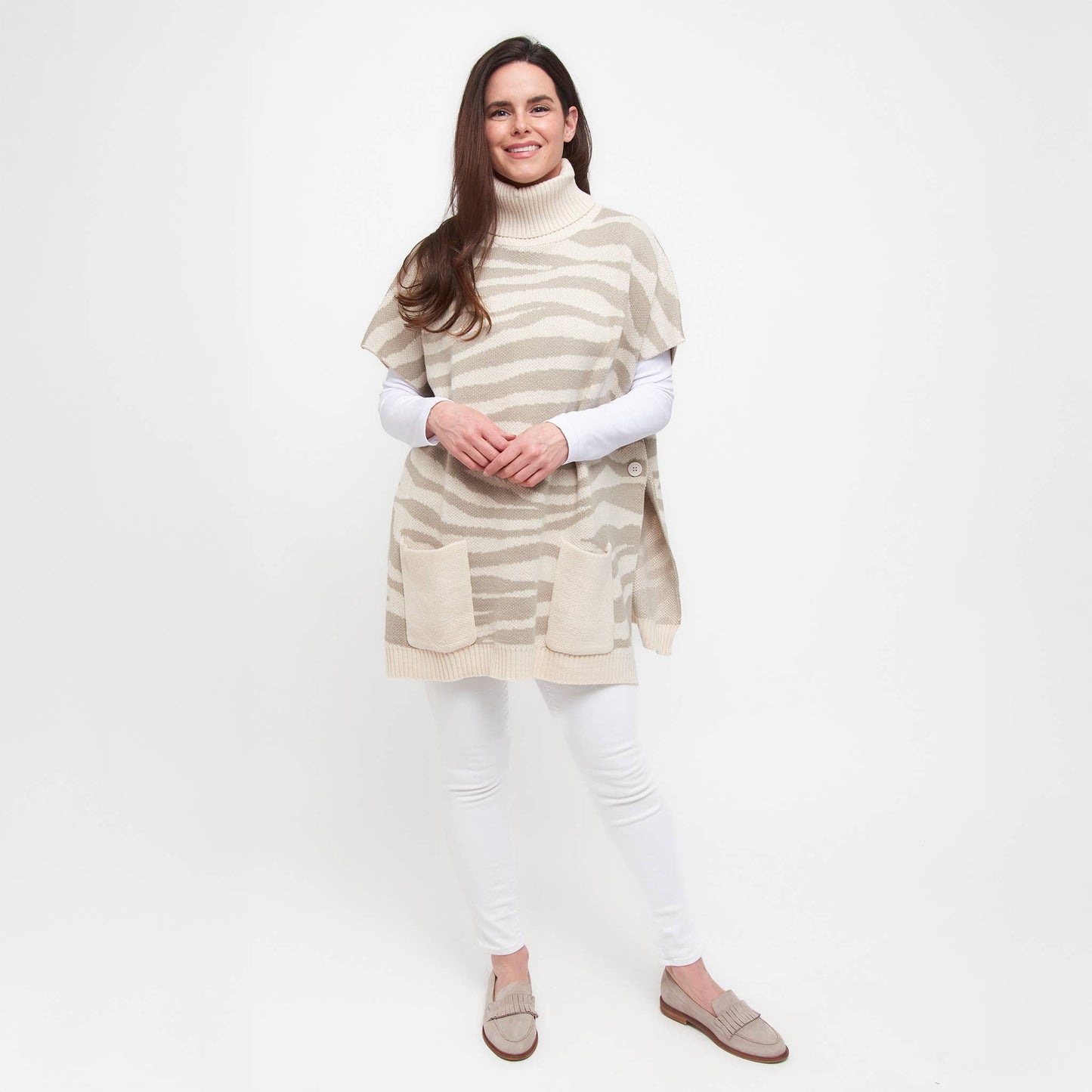 Sale - Animal Print Turtleneck Poncho with Patch Pockets