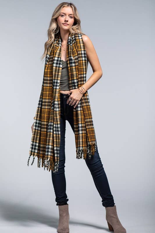 Vintage Soft Plaid Fringe Accent Scarf