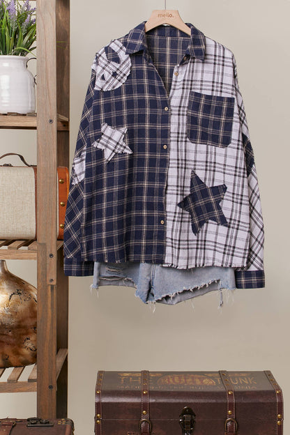 Color Block Plaid Shirt with Patch Detail
