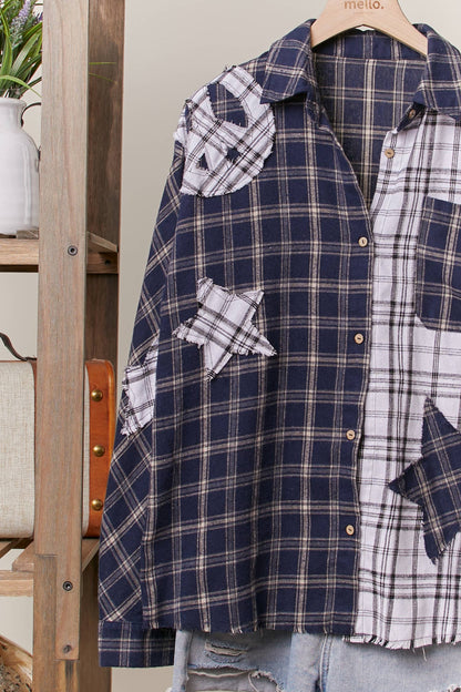 Color Block Plaid Shirt with Patch Detail