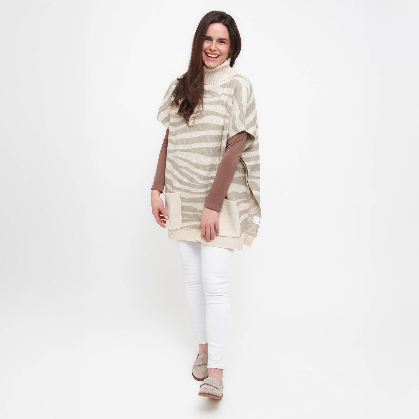 Sale - Animal Print Turtleneck Poncho with Patch Pockets
