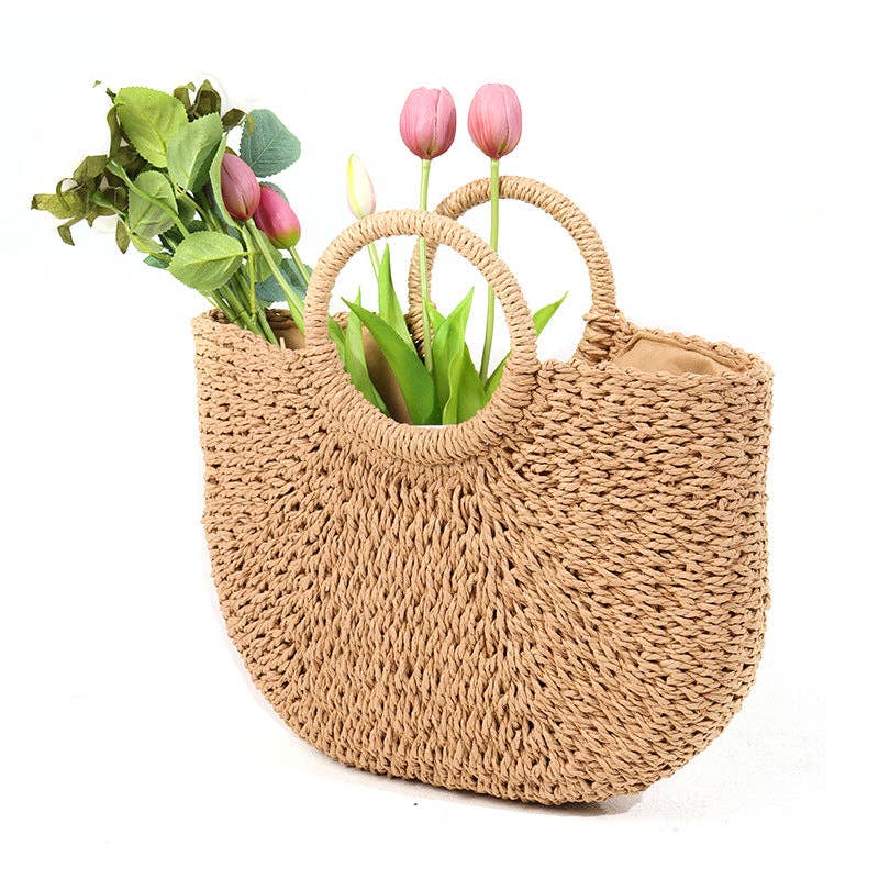Cosbai - Woven Half-Moon Straw Tote Bag