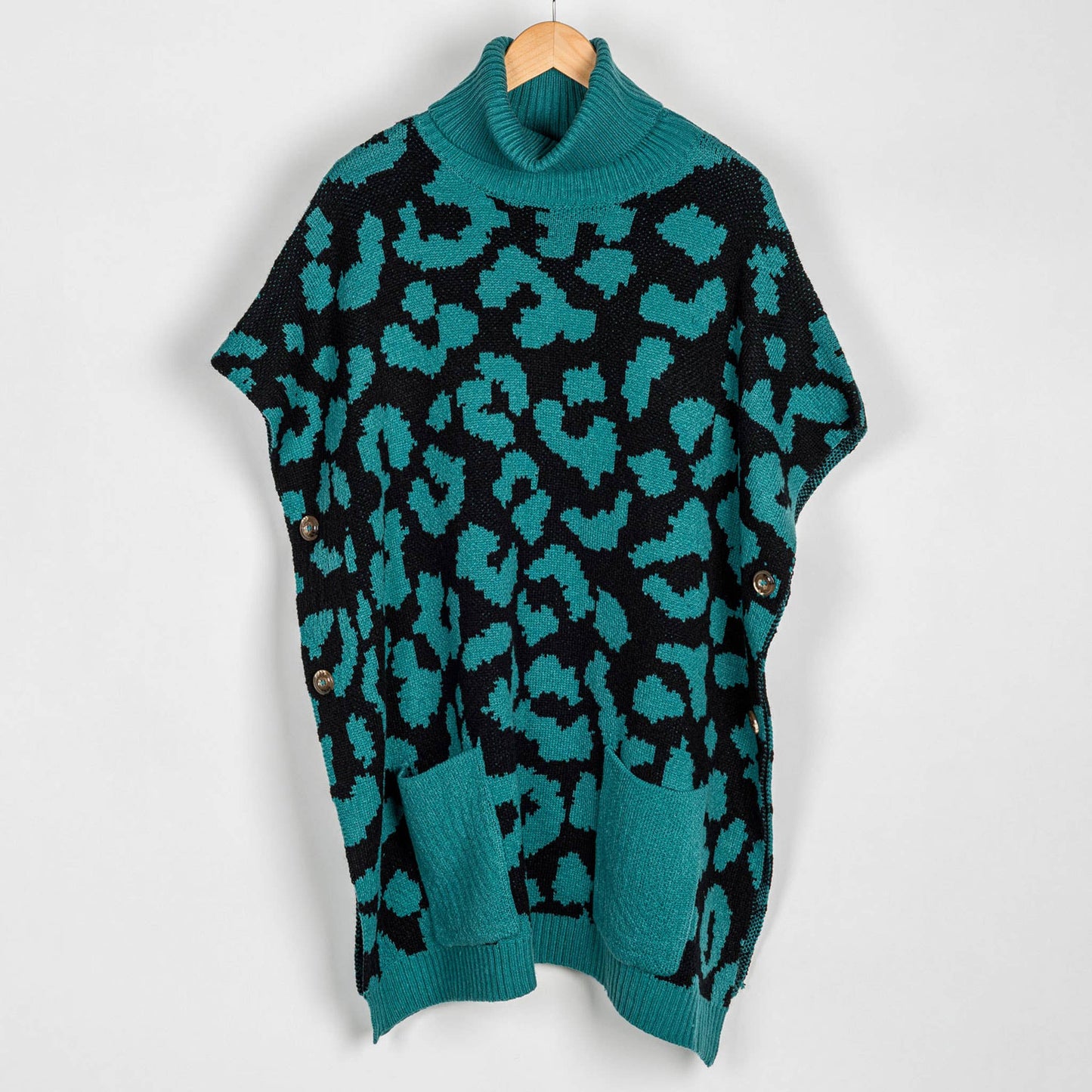 Sale - Animal Print Turtleneck Poncho with Patch Pockets