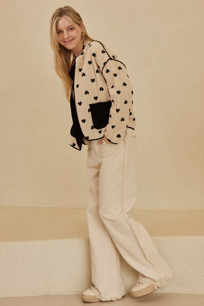 Heart Patterned Open Front Quilted Jacket