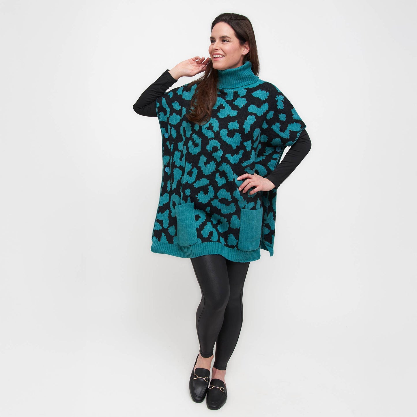 Sale - Animal Print Turtleneck Poncho with Patch Pockets