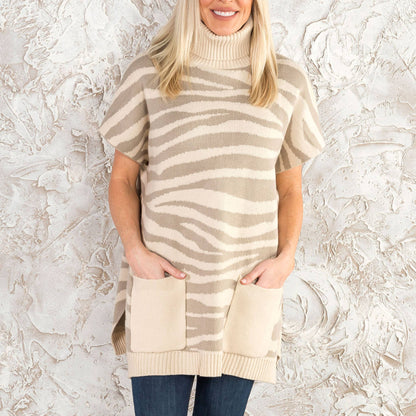 Sale - Animal Print Turtleneck Poncho with Patch Pockets