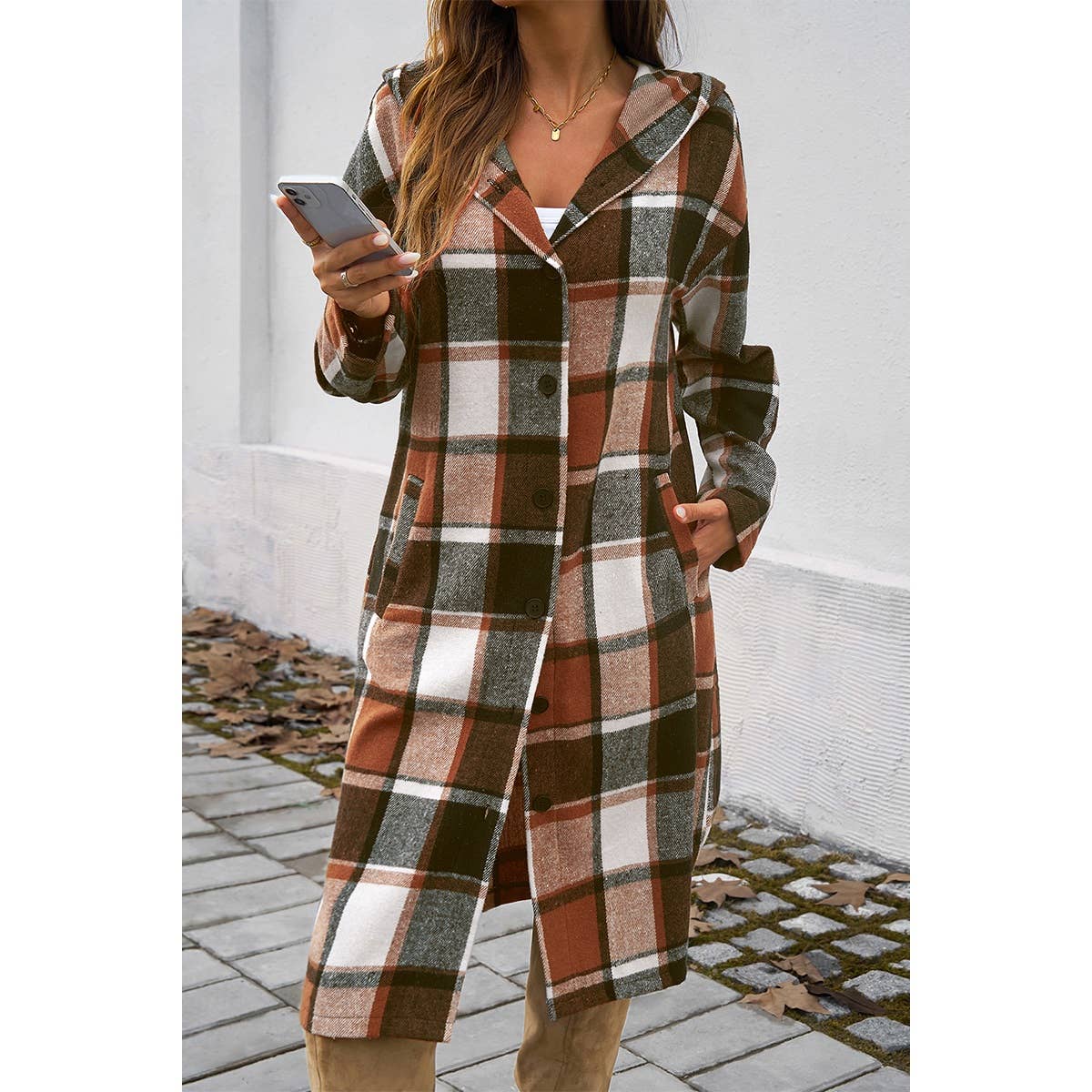 Plaid Print Button Down Lapel Collar Trendy Coat