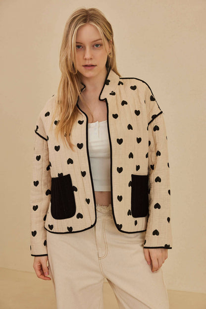 Heart Patterned Open Front Quilted Jacket