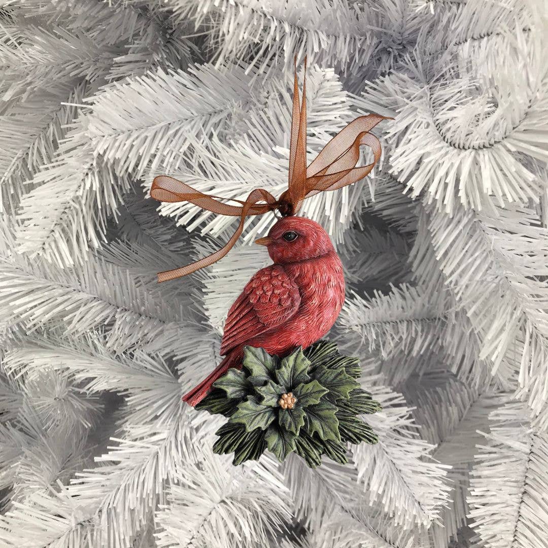 Ornament Redbird On Holly Red Ribbon 4H