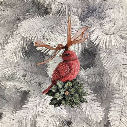 Ornament Redbird On Holly Red Ribbon 4H