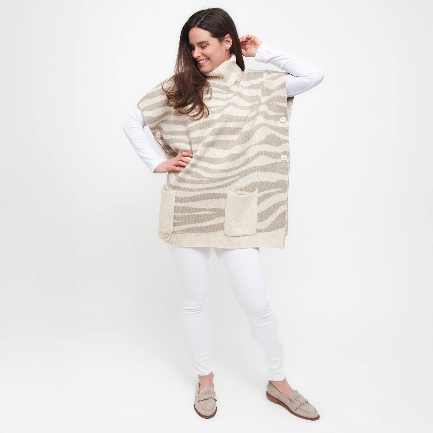 Sale - Animal Print Turtleneck Poncho with Patch Pockets