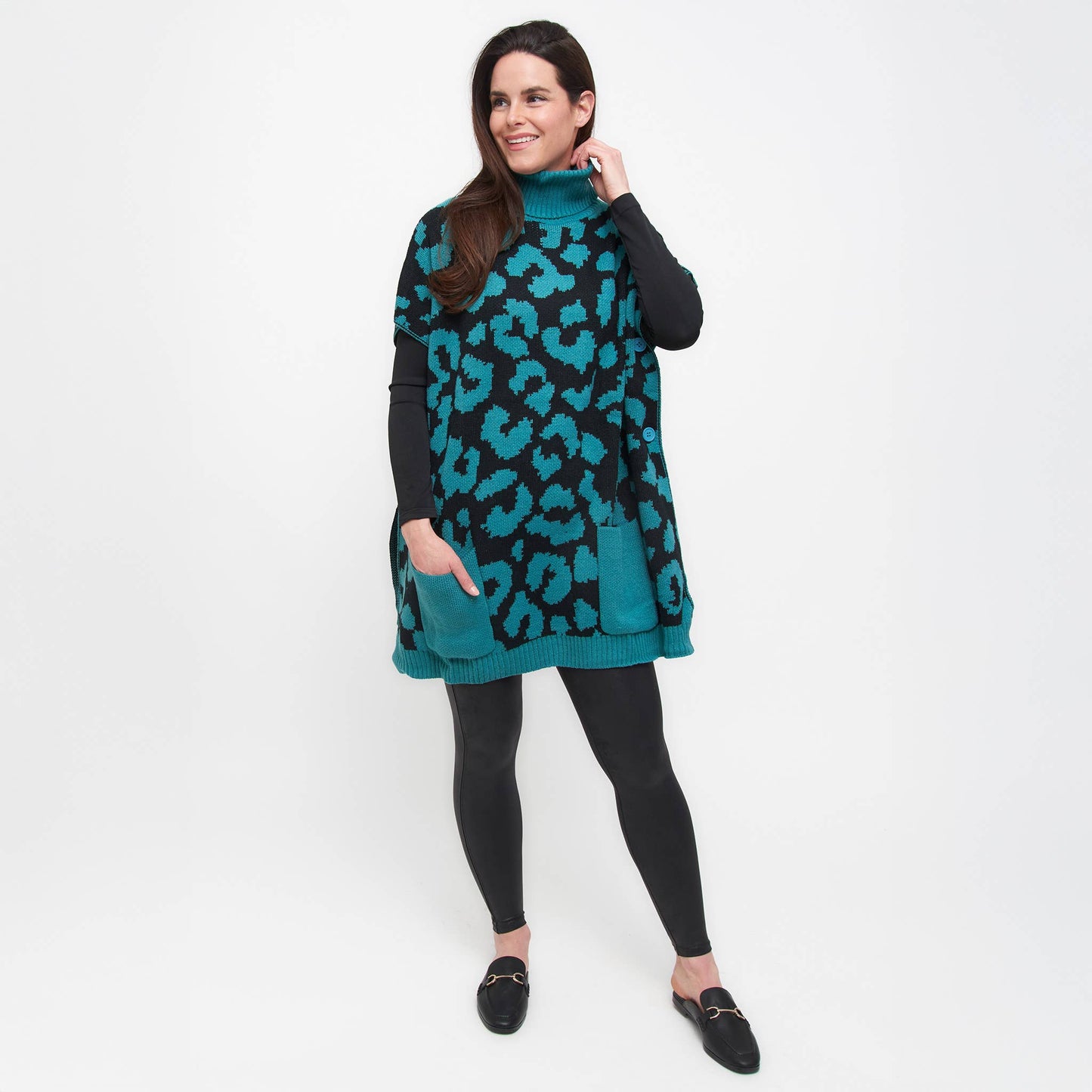 Sale - Animal Print Turtleneck Poncho with Patch Pockets