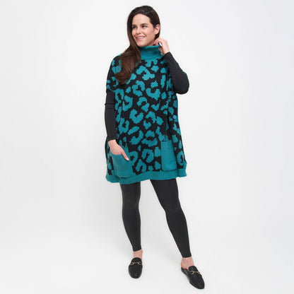 Sale - Animal Print Turtleneck Poncho with Patch Pockets