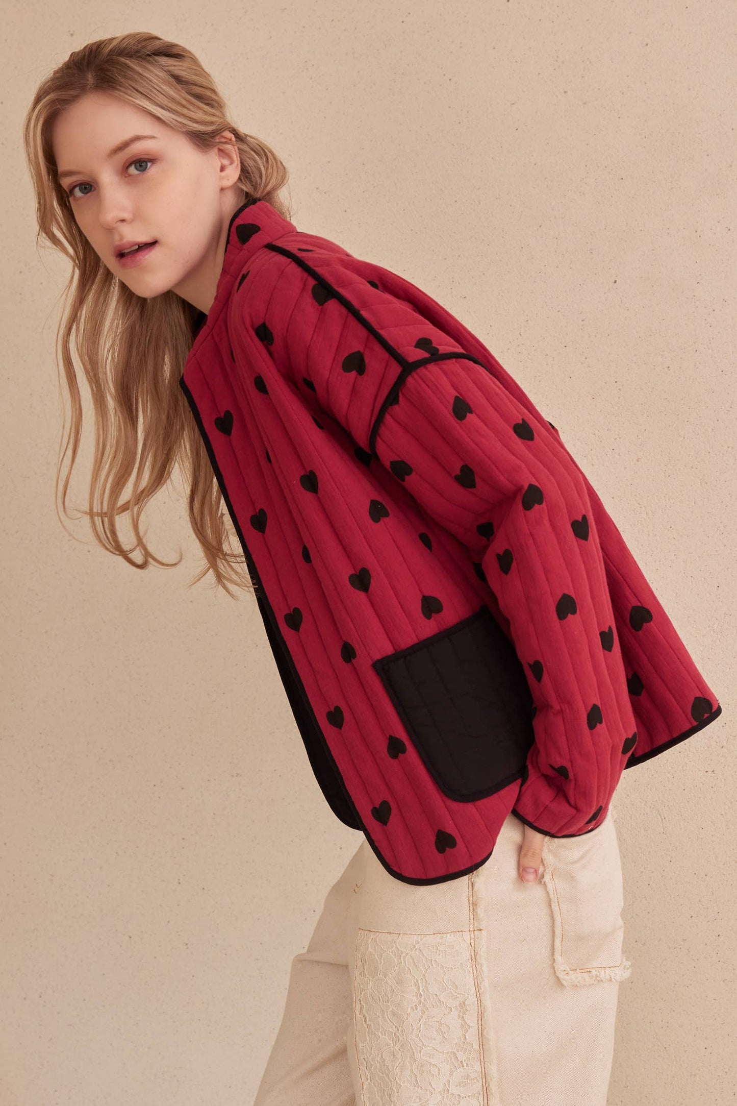 Heart Patterned Open Front Quilted Jacket
