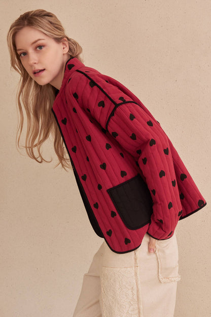 Heart Patterned Open Front Quilted Jacket
