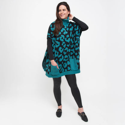 Sale - Animal Print Turtleneck Poncho with Patch Pockets