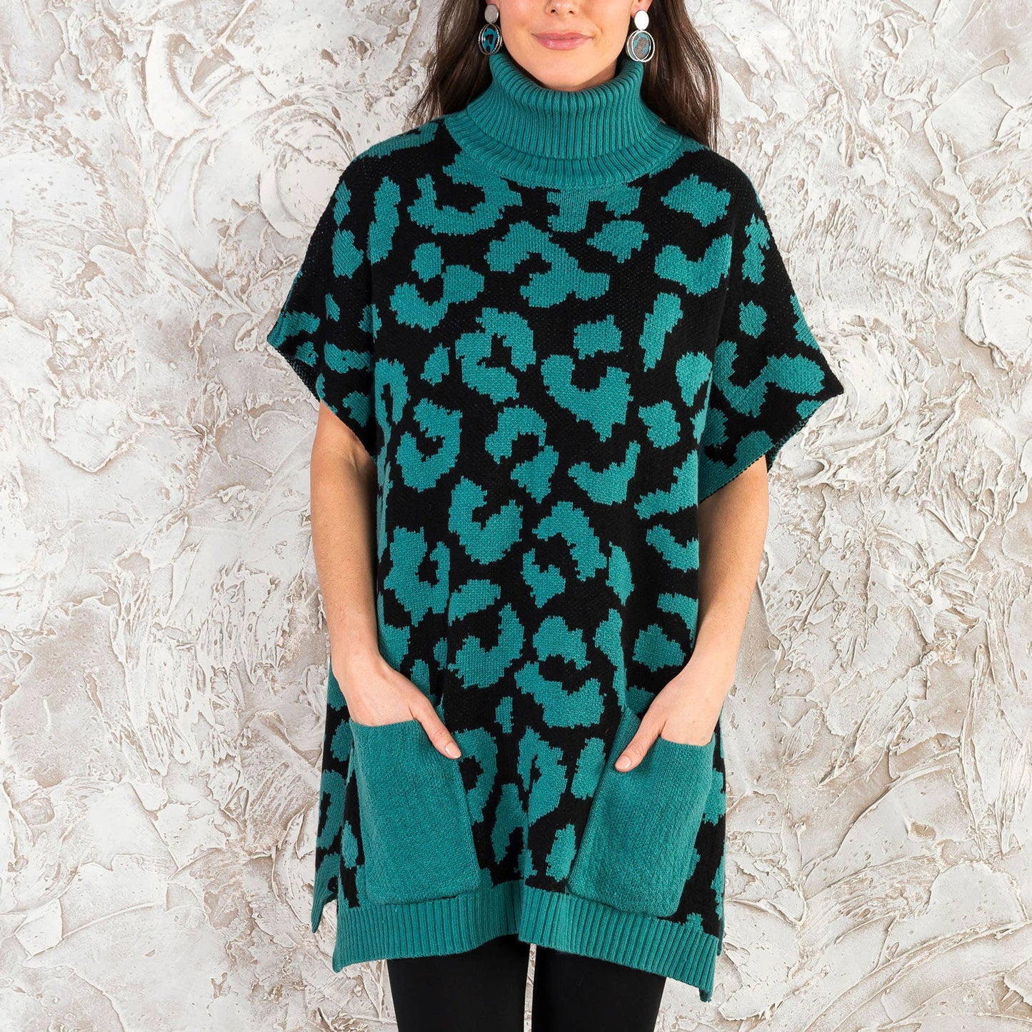 Sale - Animal Print Turtleneck Poncho with Patch Pockets