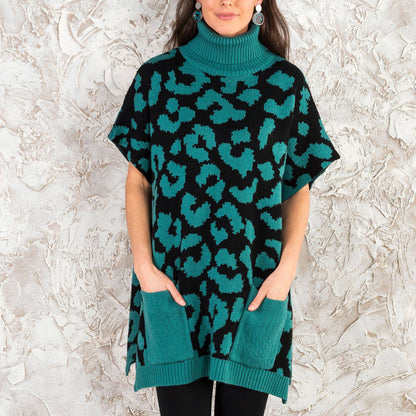 Sale - Animal Print Turtleneck Poncho with Patch Pockets