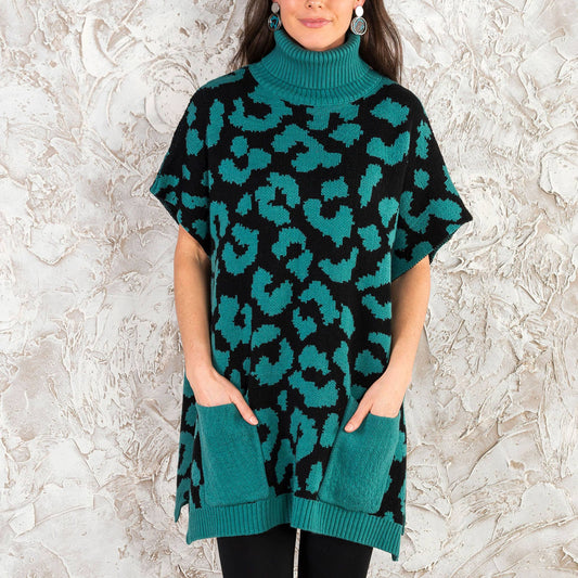 Sale - Animal Print Turtleneck Poncho with Patch Pockets