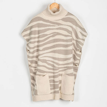 Sale - Animal Print Turtleneck Poncho with Patch Pockets