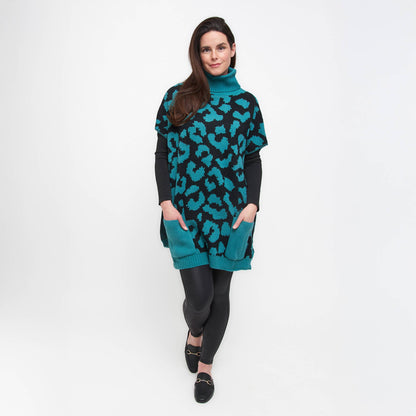 Sale - Animal Print Turtleneck Poncho with Patch Pockets