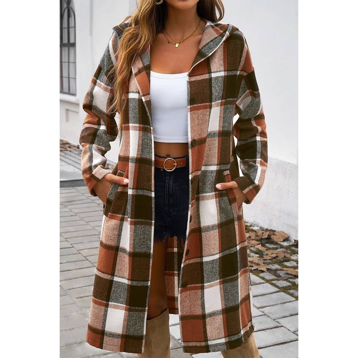 Plaid Print Button Down Lapel Collar Trendy Coat