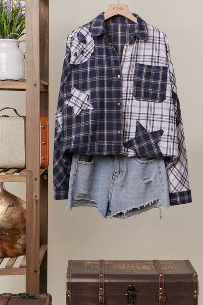 Color Block Plaid Shirt with Patch Detail