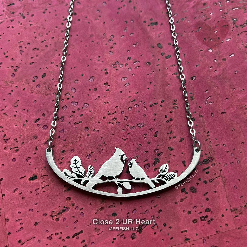 Cardinals on Branch Stainless Steel Necklace