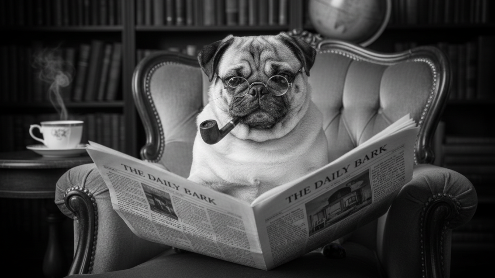 Pug dog reading a newspaper titled 'The Daily Bark' in an office setting.