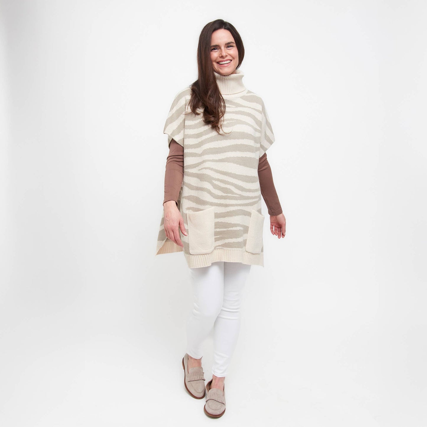 Sale - Animal Print Turtleneck Poncho with Patch Pockets