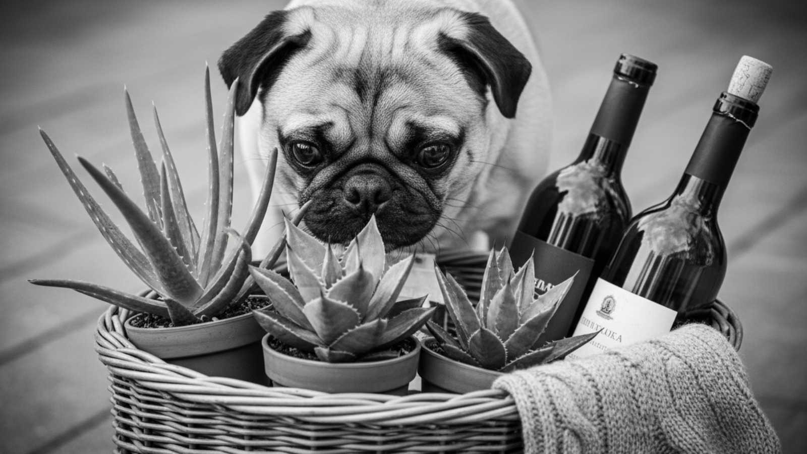 Pug dog with a basket of plants and wine bottles