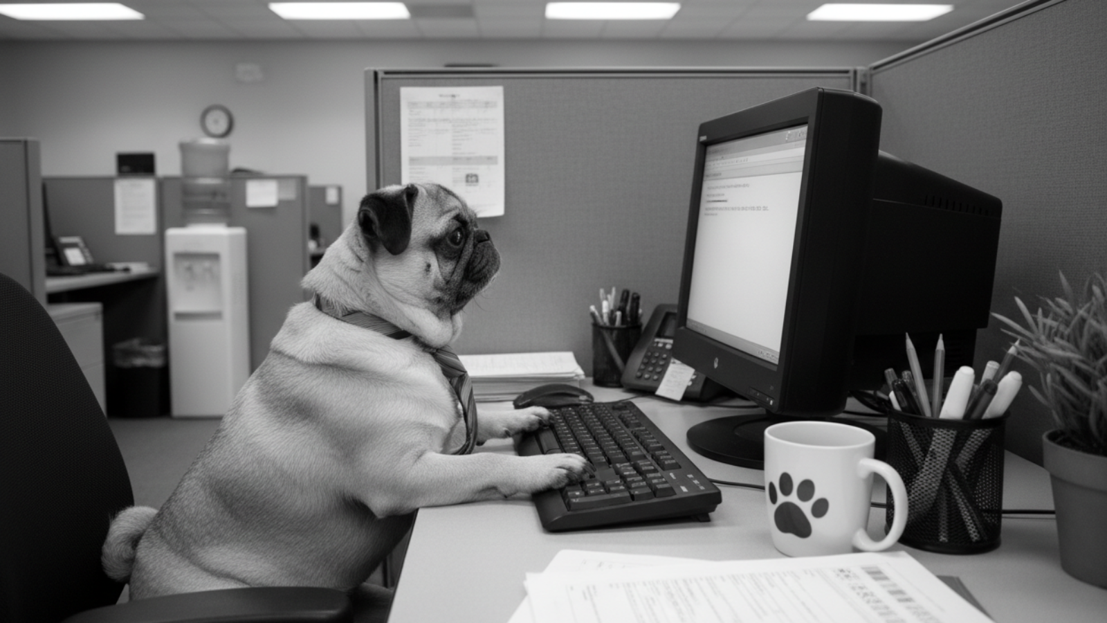 Pug sitting at a desk with a computer in an office setting