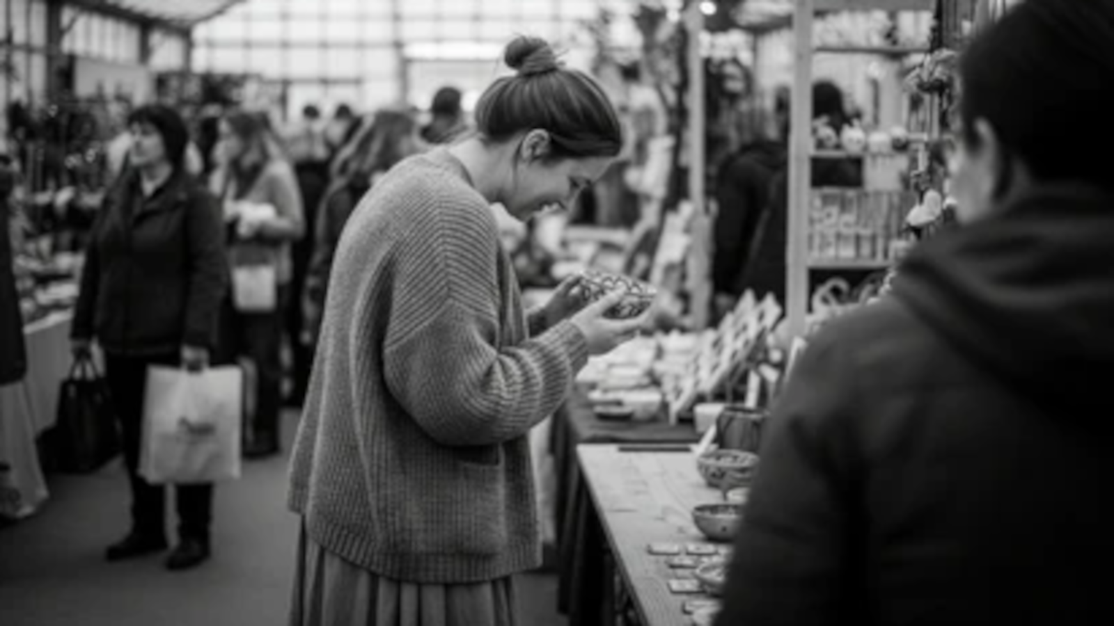 Woman shopping at a market stall with other people around
