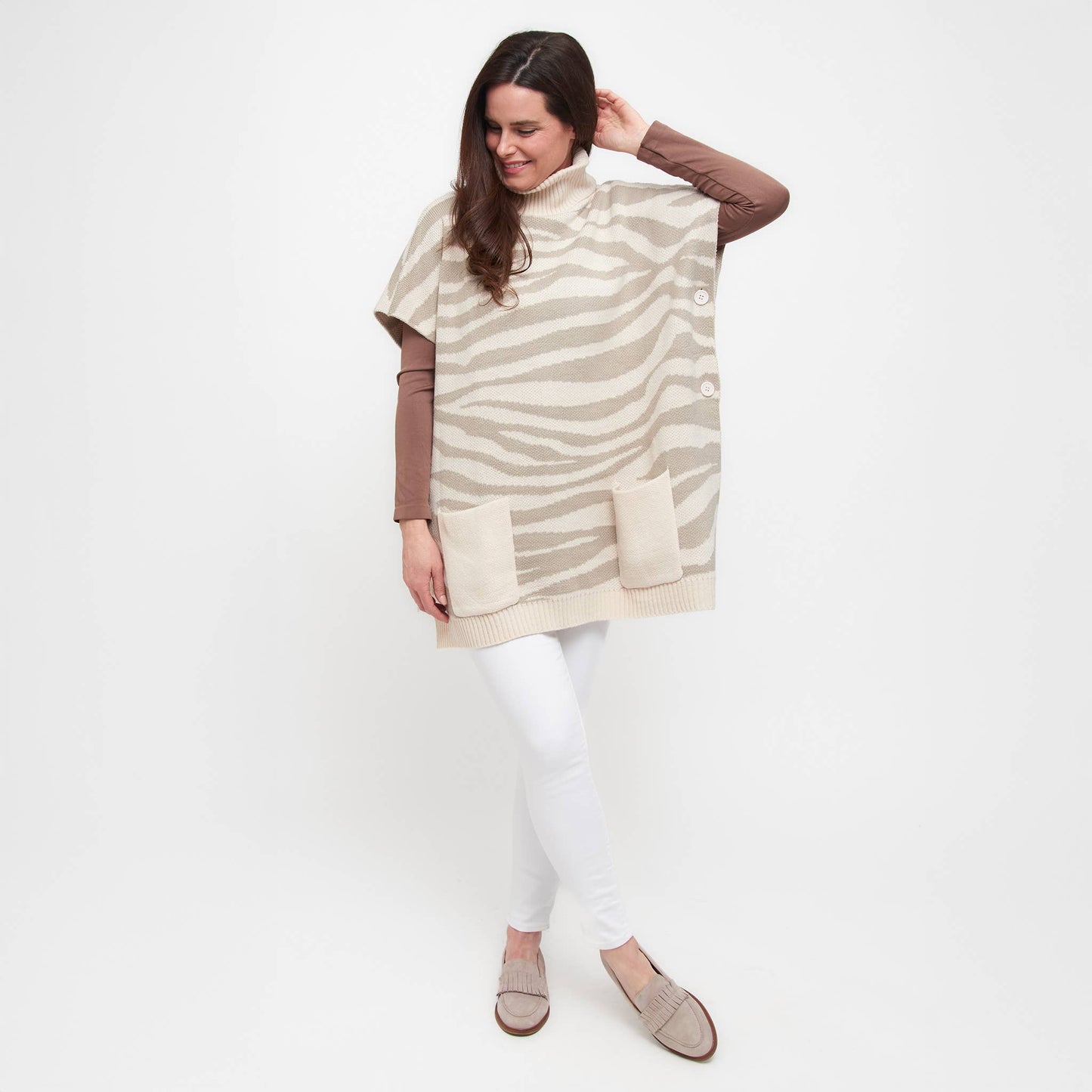 Sale - Animal Print Turtleneck Poncho with Patch Pockets