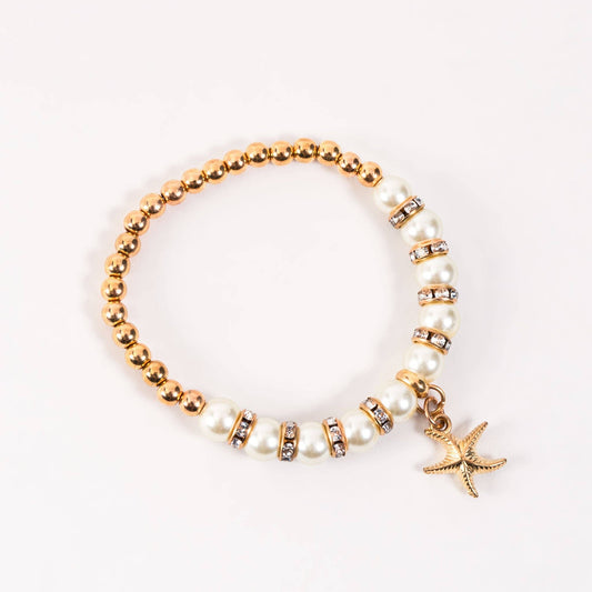 Sale - Gold Starfish & Pearl Stretch Charm Bracelet Jewelry