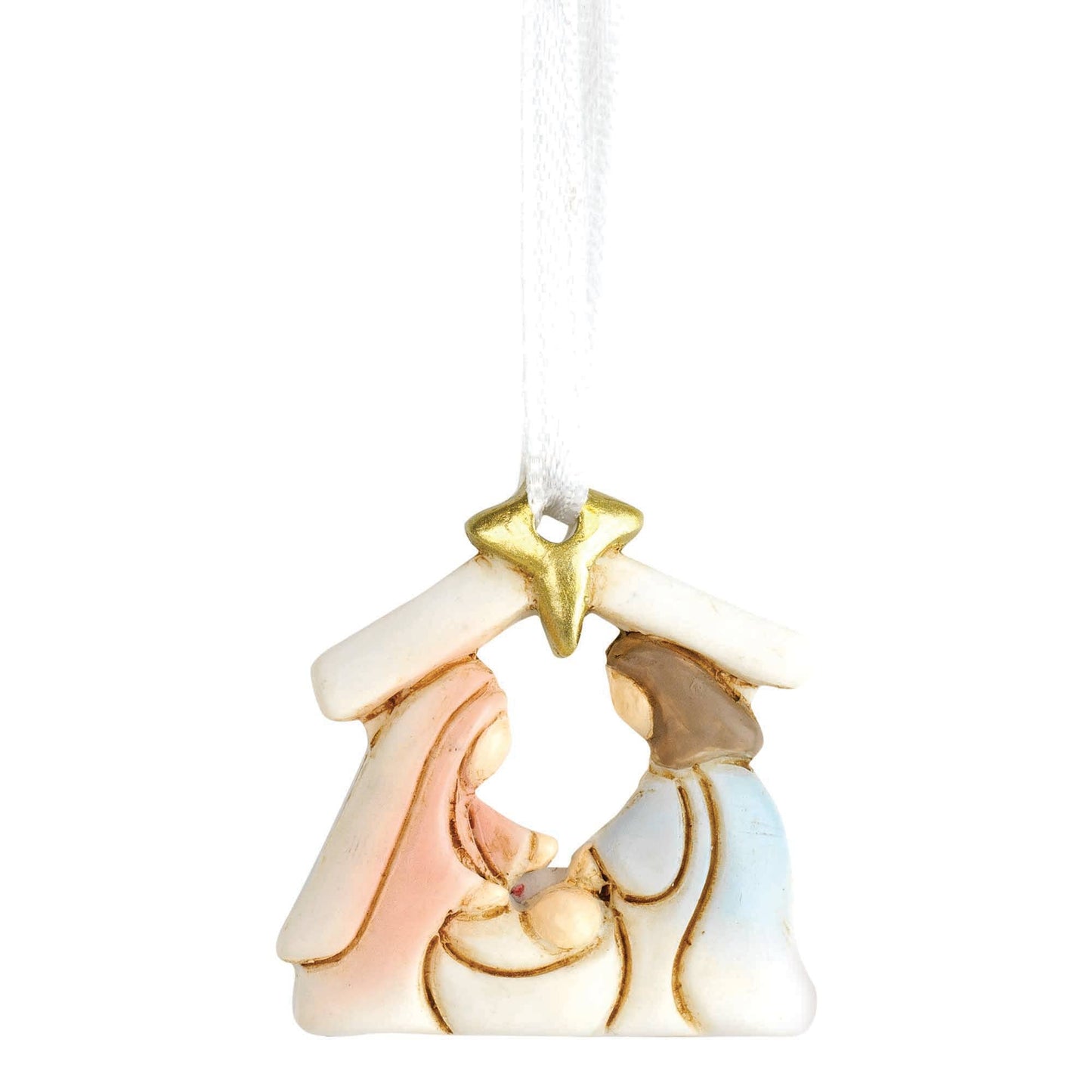 Glitter Holy Family In Creche Ornament