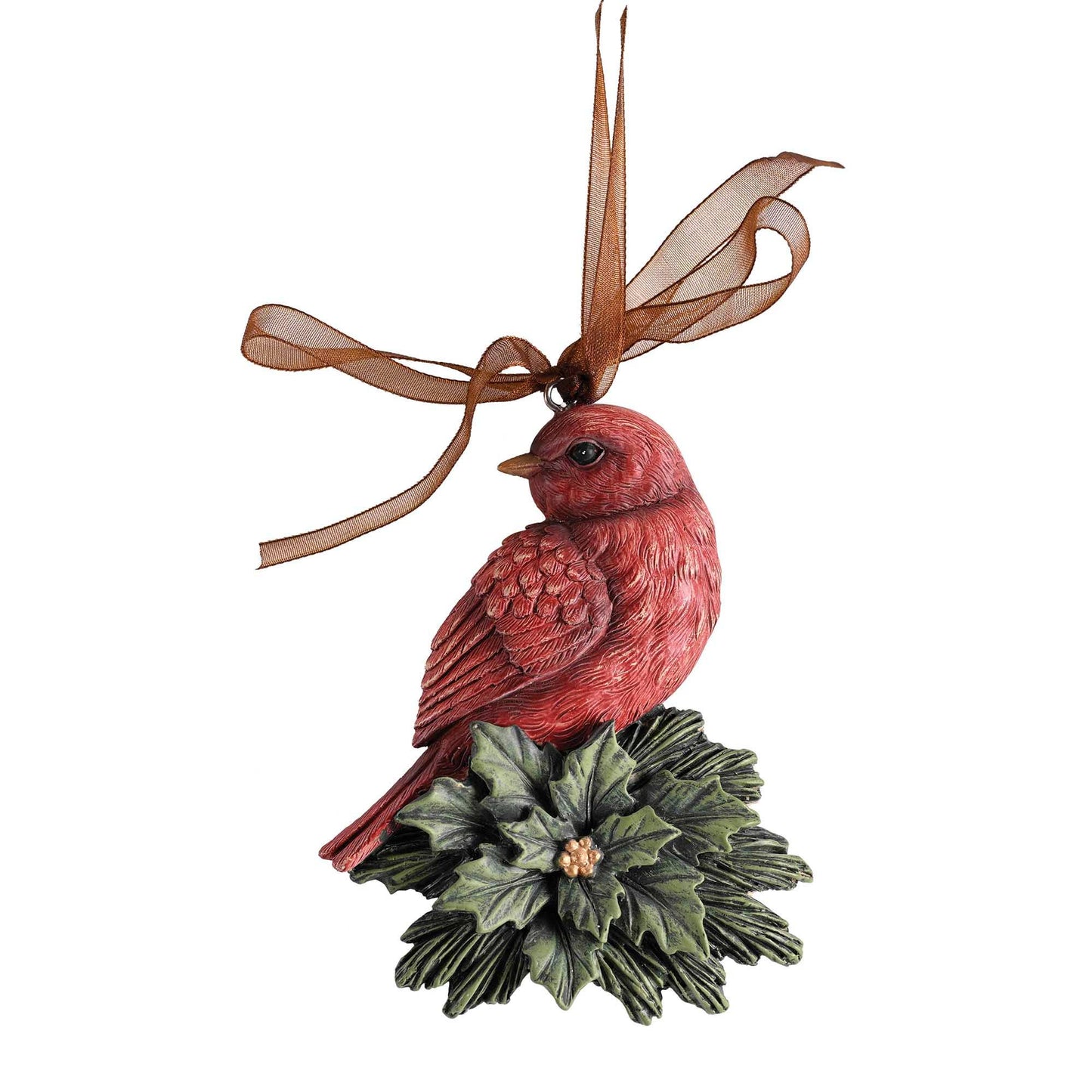 Ornament Redbird On Holly Red Ribbon 4H