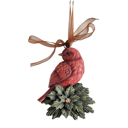 Ornament Redbird On Holly Red Ribbon 4H