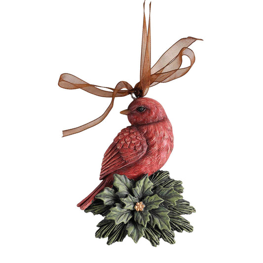 Ornament Redbird On Holly Red Ribbon 4H