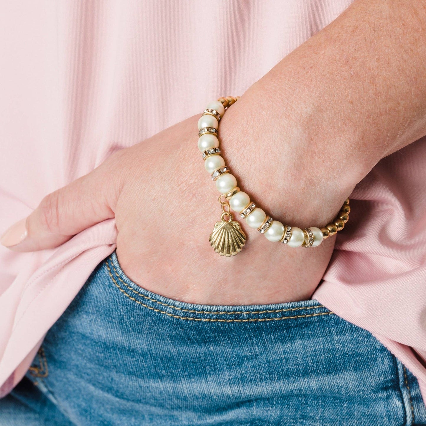 Sale - Gold Starfish & Pearl Stretch Charm Bracelet Jewelry