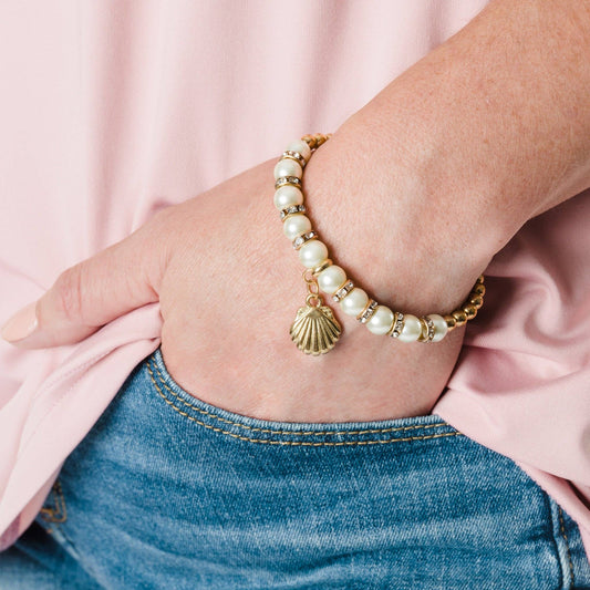 Sale - Gold Starfish & Pearl Stretch Charm Bracelet Jewelry