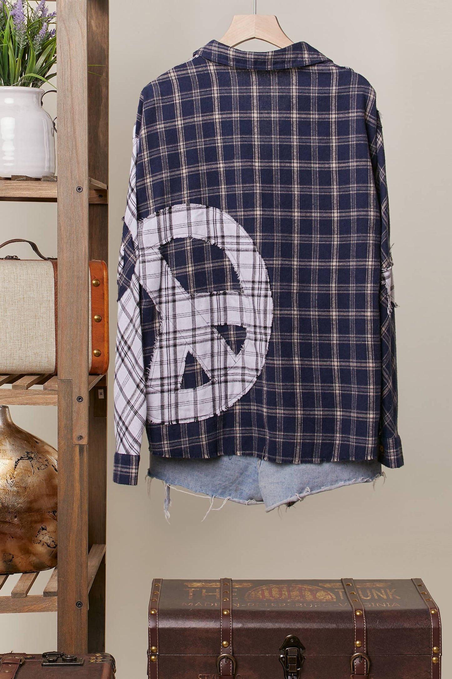 Color Block Plaid Shirt with Patch Detail