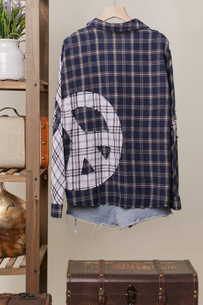 Color Block Plaid Shirt with Patch Detail
