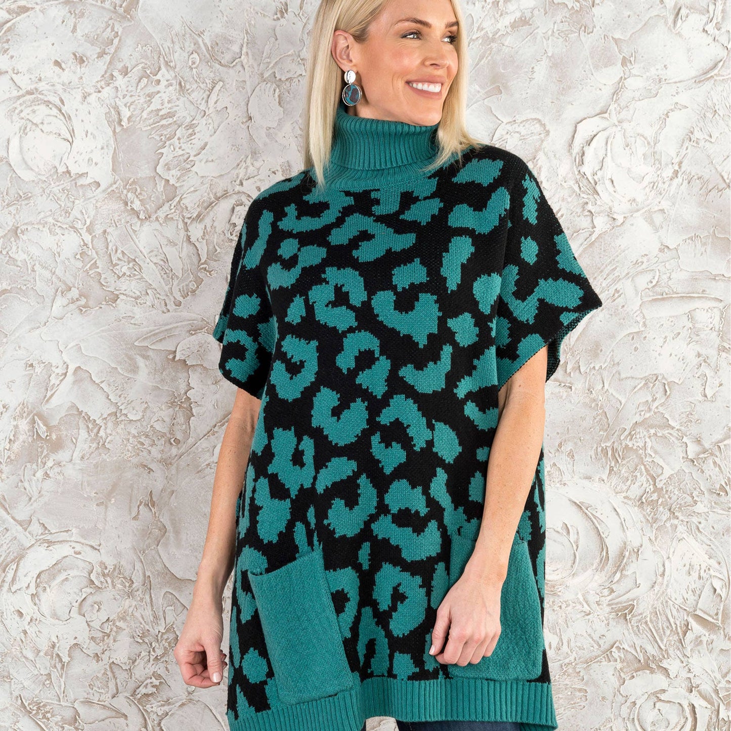 Sale - Animal Print Turtleneck Poncho with Patch Pockets