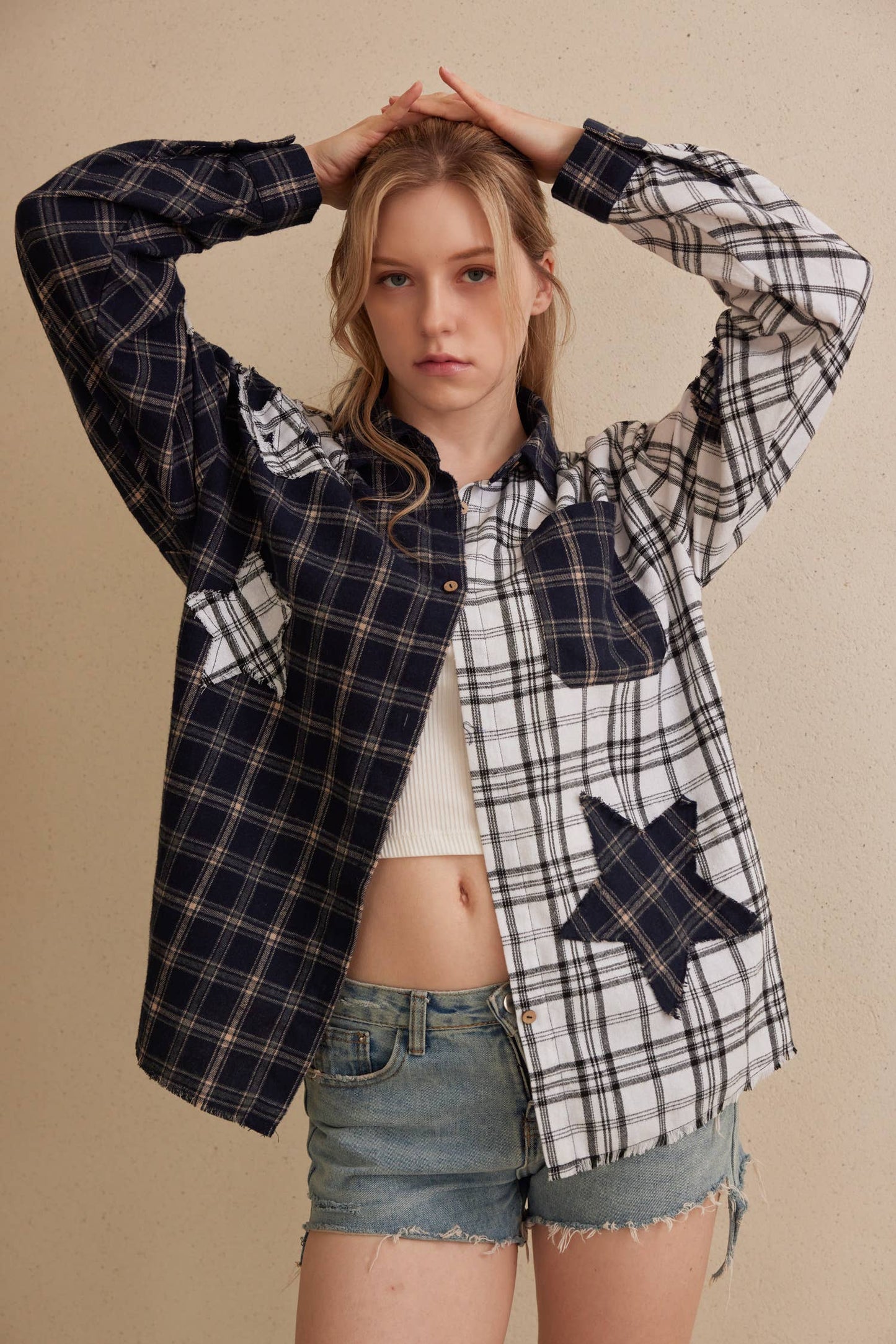 Color Block Plaid Shirt with Patch Detail