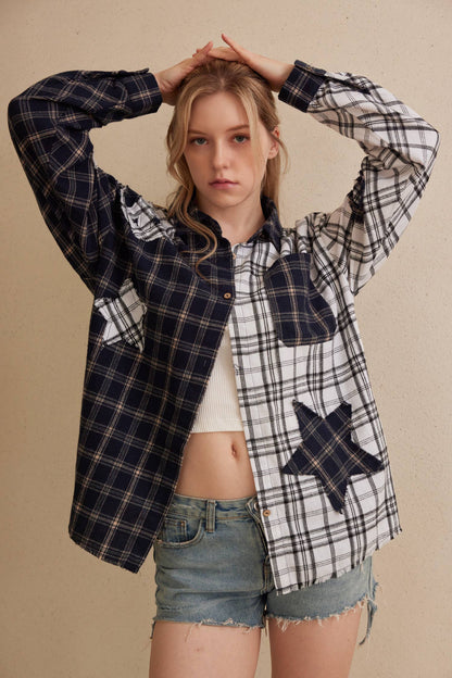 Color Block Plaid Shirt with Patch Detail